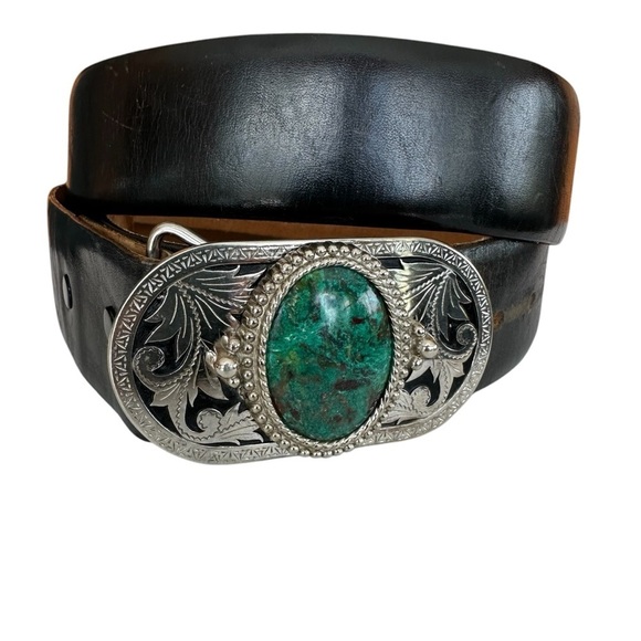 Men's Navajo Turquoise Silver Buckle Aniline Steerhide Black Leather Belt, 42 - Picture 1 of 12